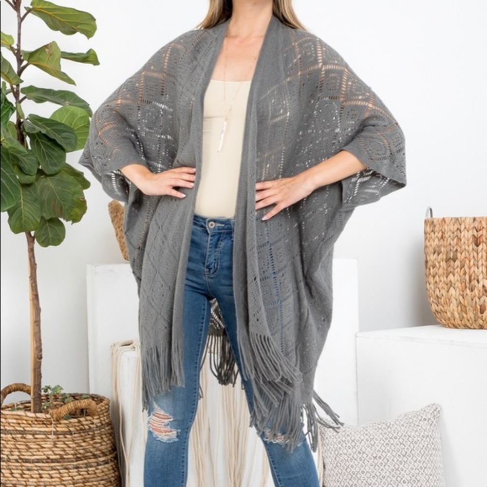 Gray Open Knit Fringe Poncho